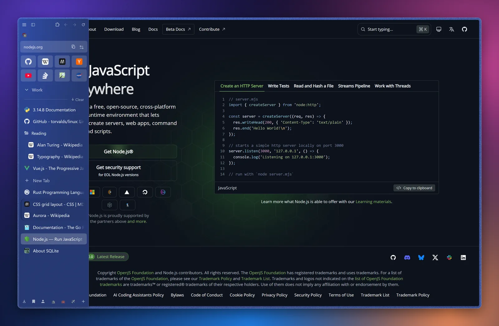 A full-width page in compact mode with the sidebar floating over it
