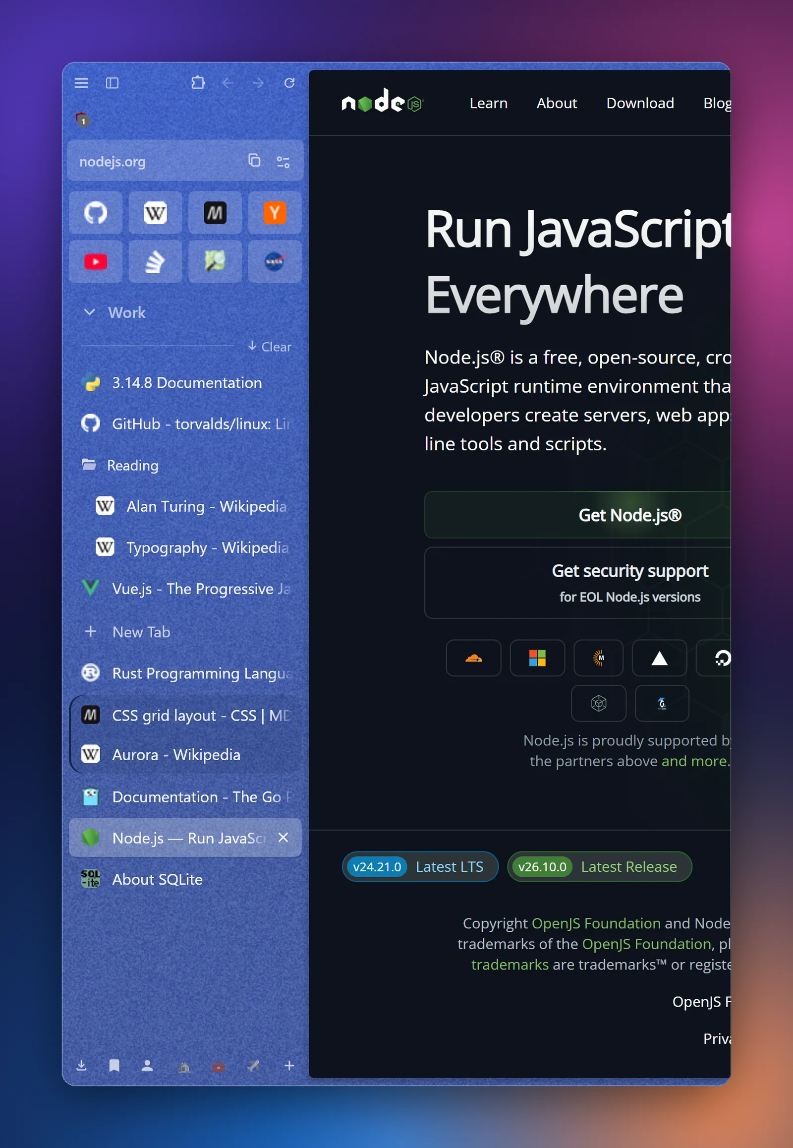 Sidebar with Essentials tiles, a Space, pinned folders and tabs